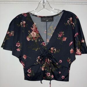 Project 28 Floral Crop Top in Navy with Pink Roses Sz S